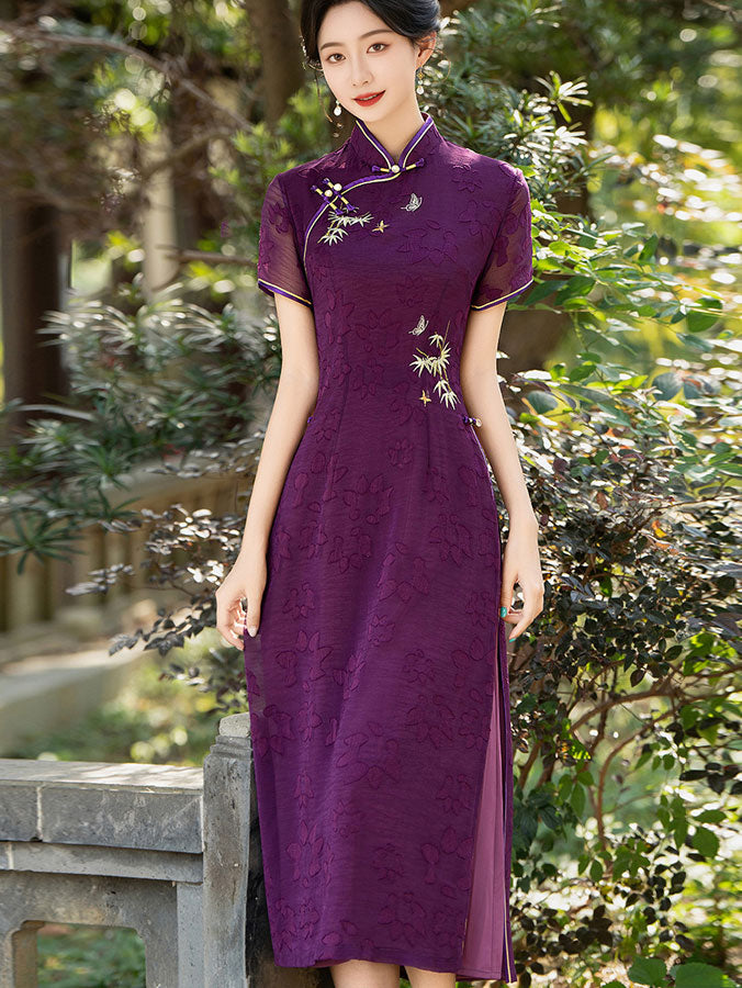 2024 Purple Embroidered Bamboo Cheongsam Qipao Dress