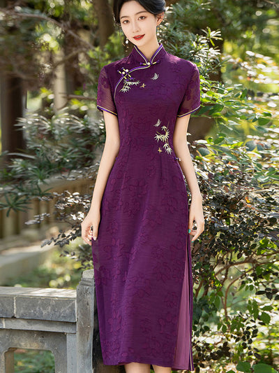 2024 Purple Embroidered Bamboo Cheongsam Qipao Dress