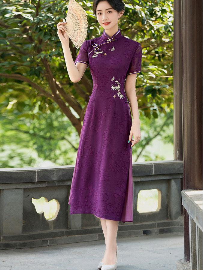 2024 Purple Embroidered Bamboo Cheongsam Qipao Dress