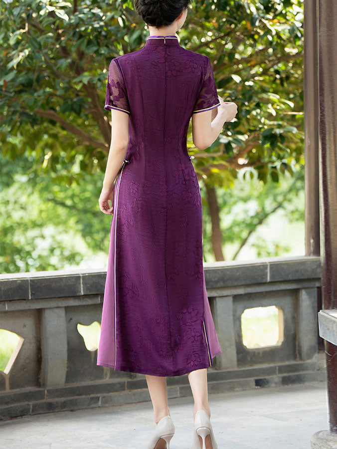 2024 Purple Embroidered Bamboo Cheongsam Qipao Dress