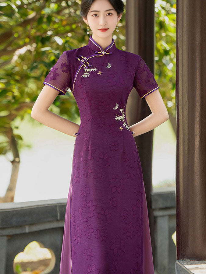 2024 Purple Embroidered Bamboo Cheongsam Qipao Dress
