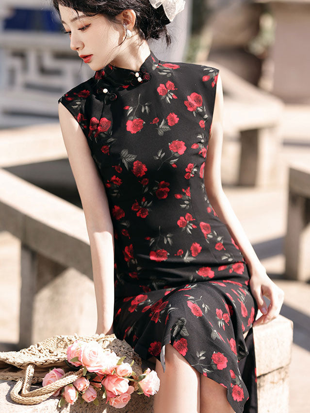2024 Black Rose Print Cheongsam Qipao Dress