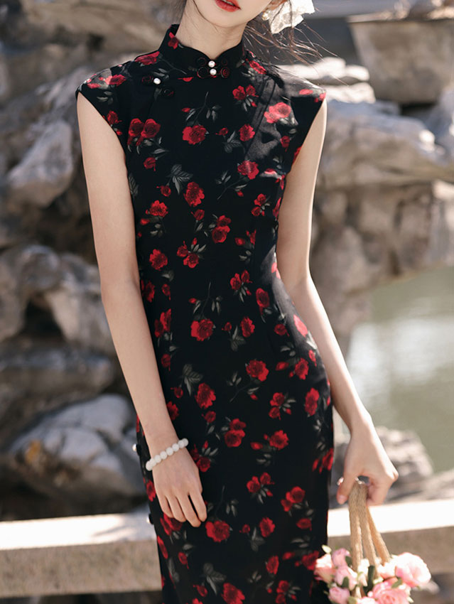 2024 Black Rose Print Cheongsam Qipao Dress