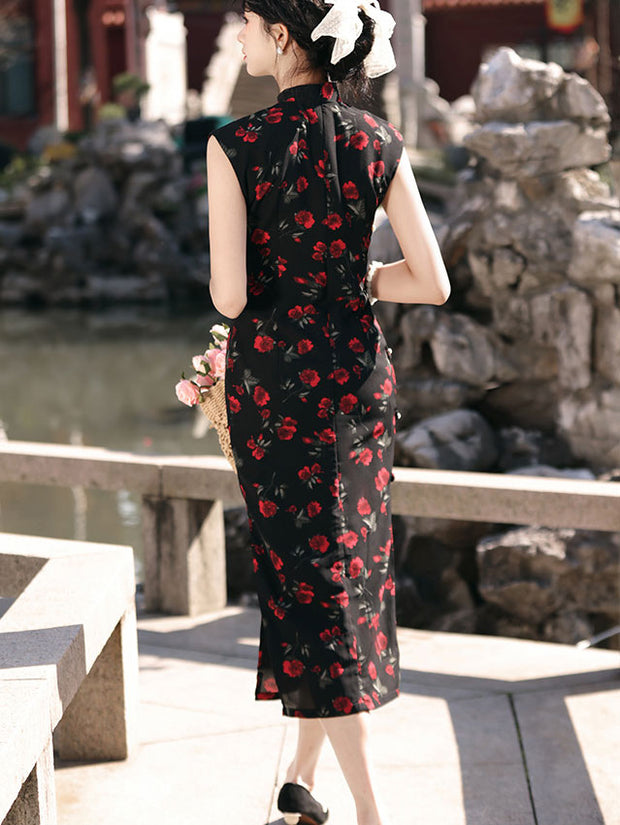 2024 Black Rose Print Cheongsam Qipao Dress