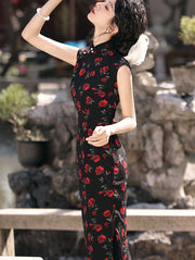 2024 Black Rose Print Cheongsam Qipao Dress