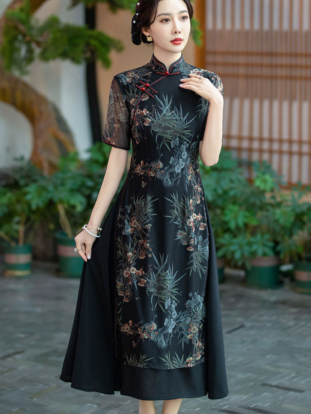 Black Floral Mothers A-Line Cheongsam Qipao Dress