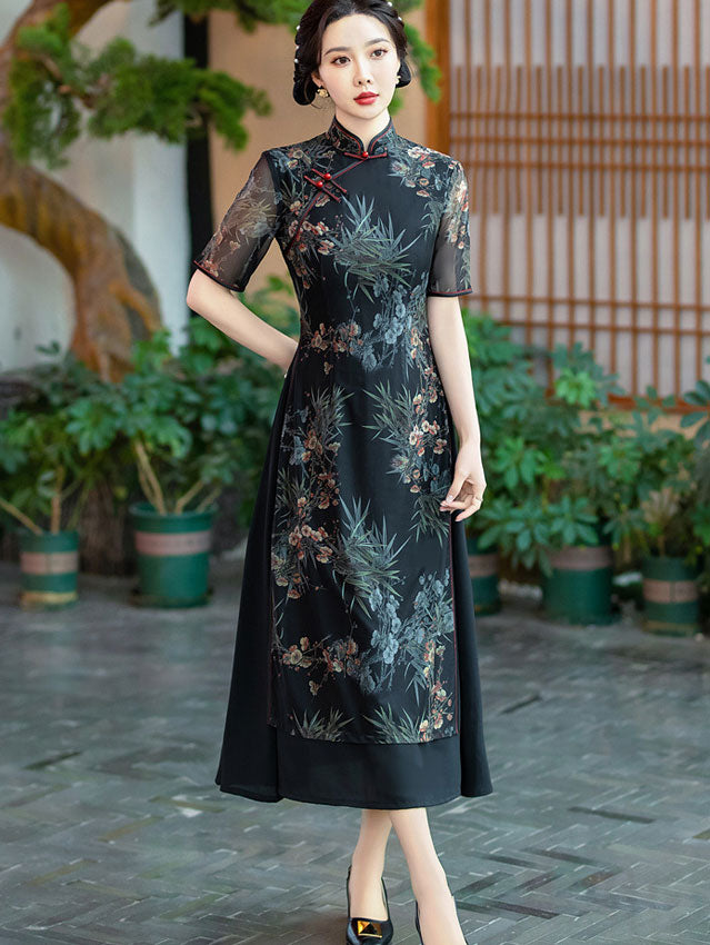 Black Floral Mothers A-Line Cheongsam Qipao Dress