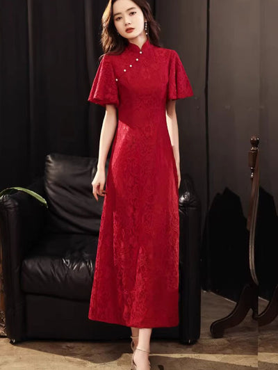 Red Lace A-Line Flutter Sleeve Wedding Cheongsam Qipao Dress