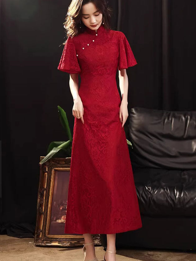 Red Lace A-Line Flutter Sleeve Wedding Cheongsam Qipao Dress