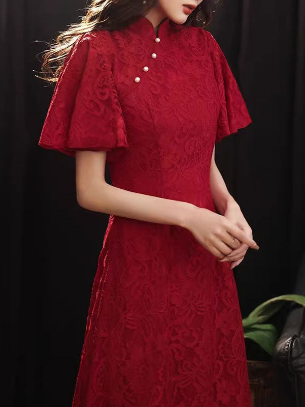 Red Lace A-Line Flutter Sleeve Wedding Cheongsam Qipao Dress
