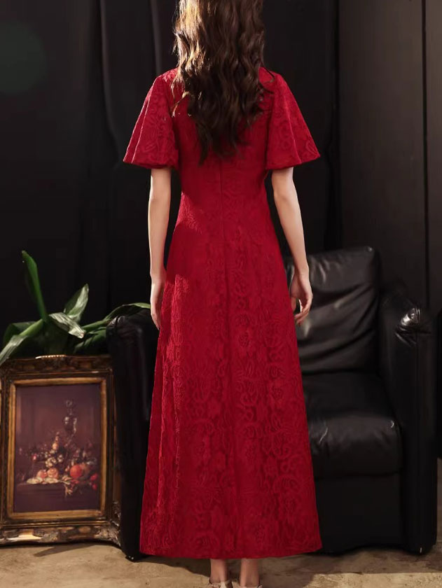 Red Lace A-Line Flutter Sleeve Wedding Cheongsam Qipao Dress