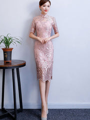 Pink Gray Floral Lace Midi Cheongsam Qipao Dress
