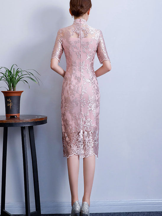 Pink Gray Floral Lace Midi Cheongsam Qipao Dress
