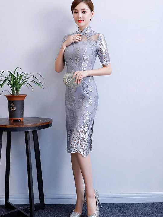 Pink Gray Floral Lace Midi Cheongsam Qipao Dress
