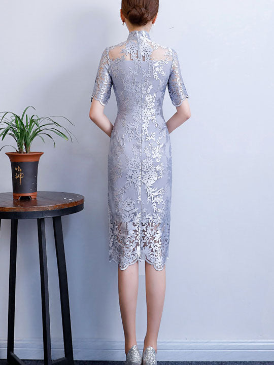 Pink Gray Floral Lace Midi Cheongsam Qipao Dress