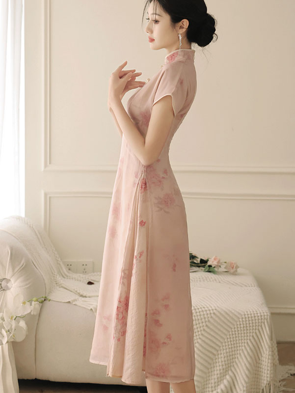 Pink Floral Print AoDai A-Line Cheongsam Dress