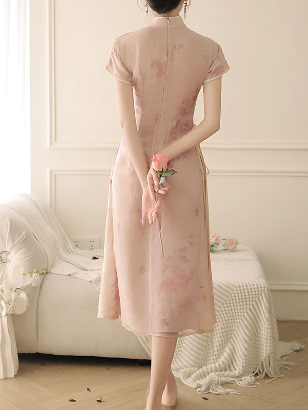 Pink Floral Print AoDai A-Line Cheongsam Dress