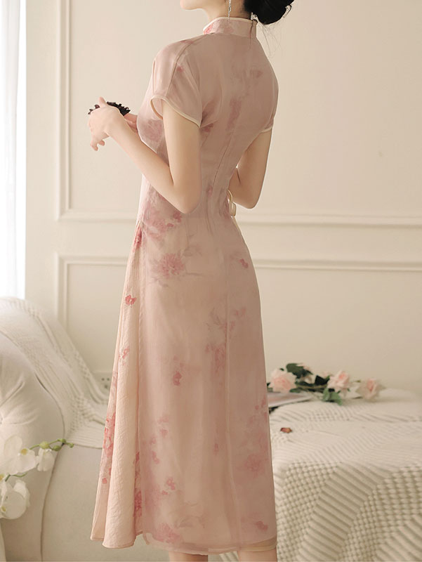 Pink Floral Print AoDai A-Line Cheongsam Dress