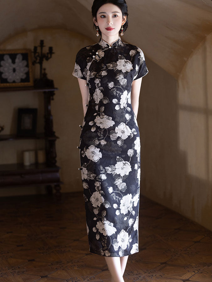 Black Floral Print Mothers Cheongsam Qipao Dress