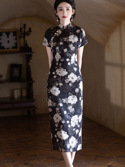 Black Floral Print Mothers Cheongsam Qipao Dress