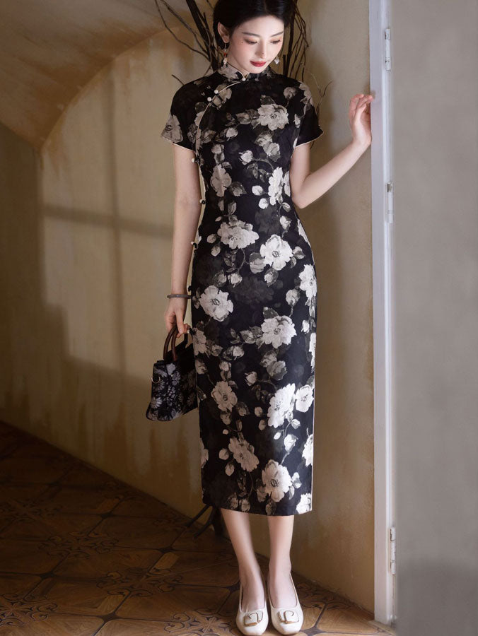 Black Floral Print Mothers Cheongsam Qipao Dress
