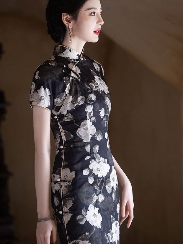 Black Floral Print Mothers Cheongsam Qipao Dress