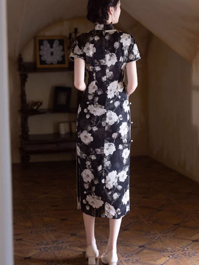 Black Floral Print Mothers Cheongsam Qipao Dress