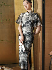 Black Chinese Painting Print Bell Sleeve Cheongsam Dress