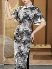 Black Chinese Painting Print Bell Sleeve Cheongsam Dress