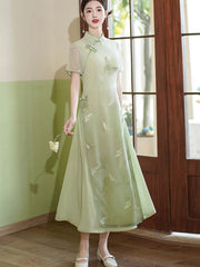 2024 Green Blue Butterfly Print AoDai A-line Cheongsam Dress