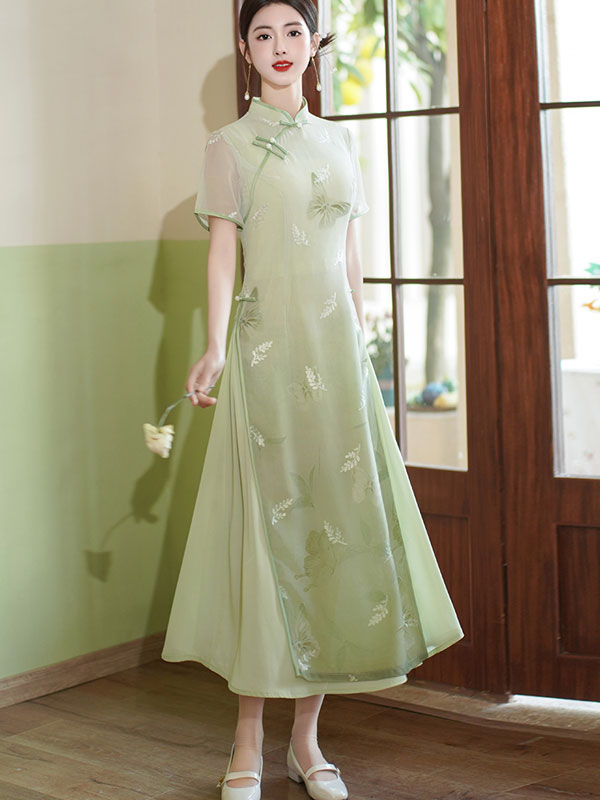 2024 Green Blue Butterfly Print AoDai A-line Cheongsam Dress