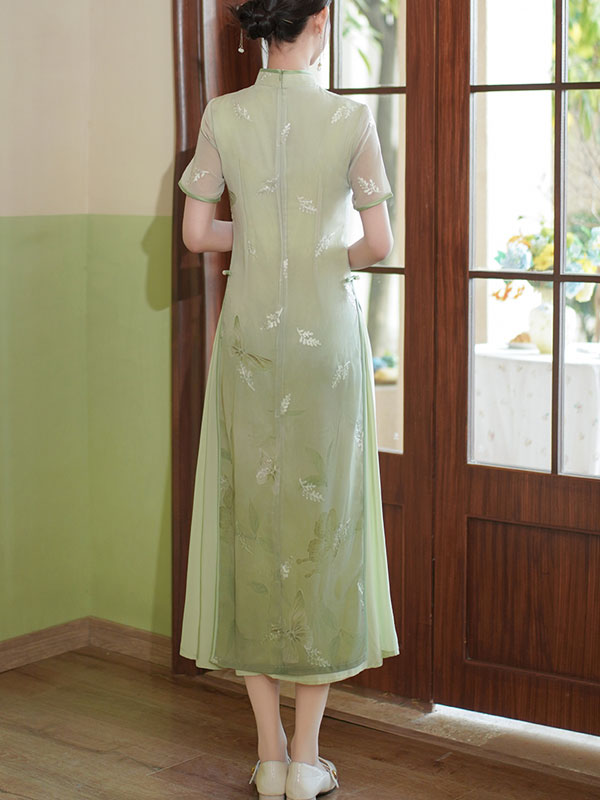 2024 Green Blue Butterfly Print AoDai A-line Cheongsam Dress