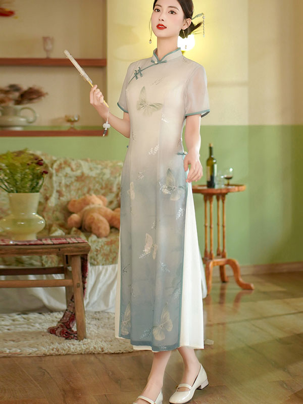 2024 Green Blue Butterfly Print AoDai A-line Cheongsam Dress