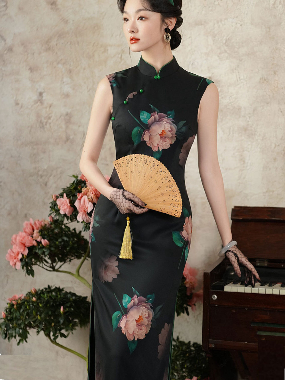Black Floral Print Long Cheongsam Qipao Dress