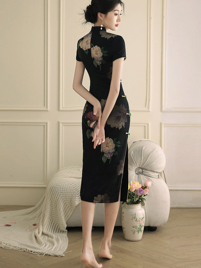 Black Floral Print Midi Cheongsam Qipao Dress