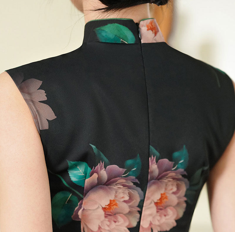 Black Floral Print Long Cheongsam Qipao Dress