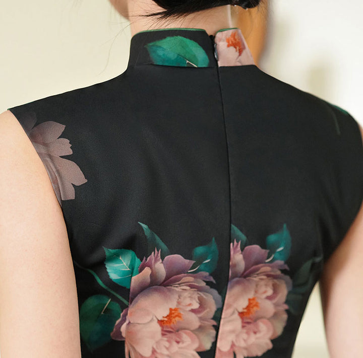 Black Floral Print Long Cheongsam Qipao Dress