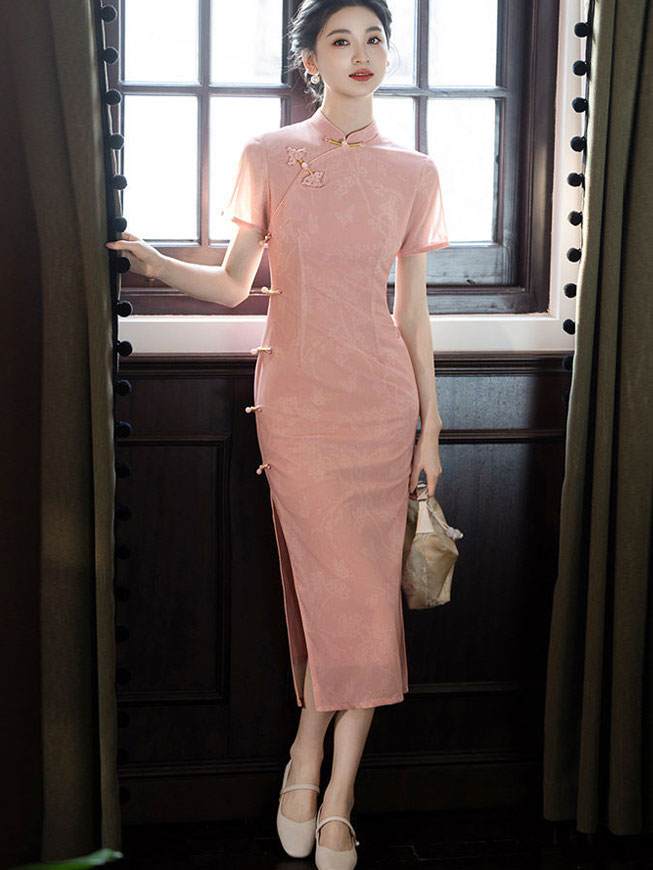 2023 Pink Jacquard Midi Qipao Cheongsam Dress