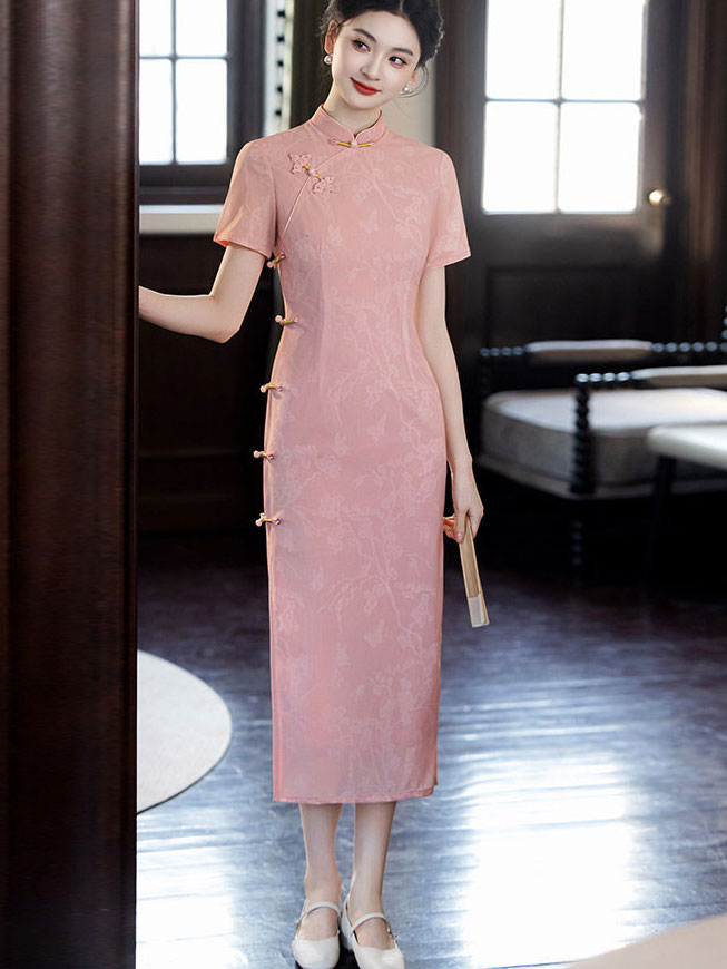 2023 Pink Jacquard Midi Qipao Cheongsam Dress