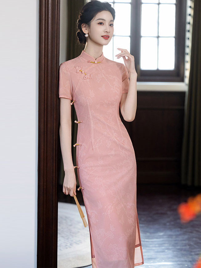 2023 Pink Jacquard Midi Qipao Cheongsam Dress