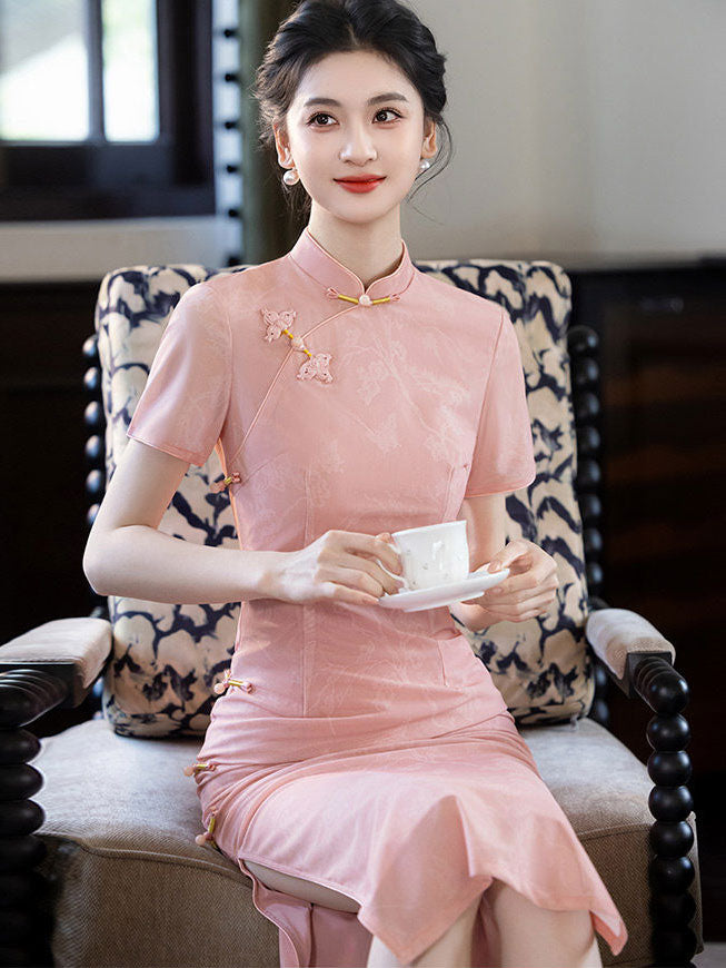 2023 Pink Jacquard Midi Qipao Cheongsam Dress