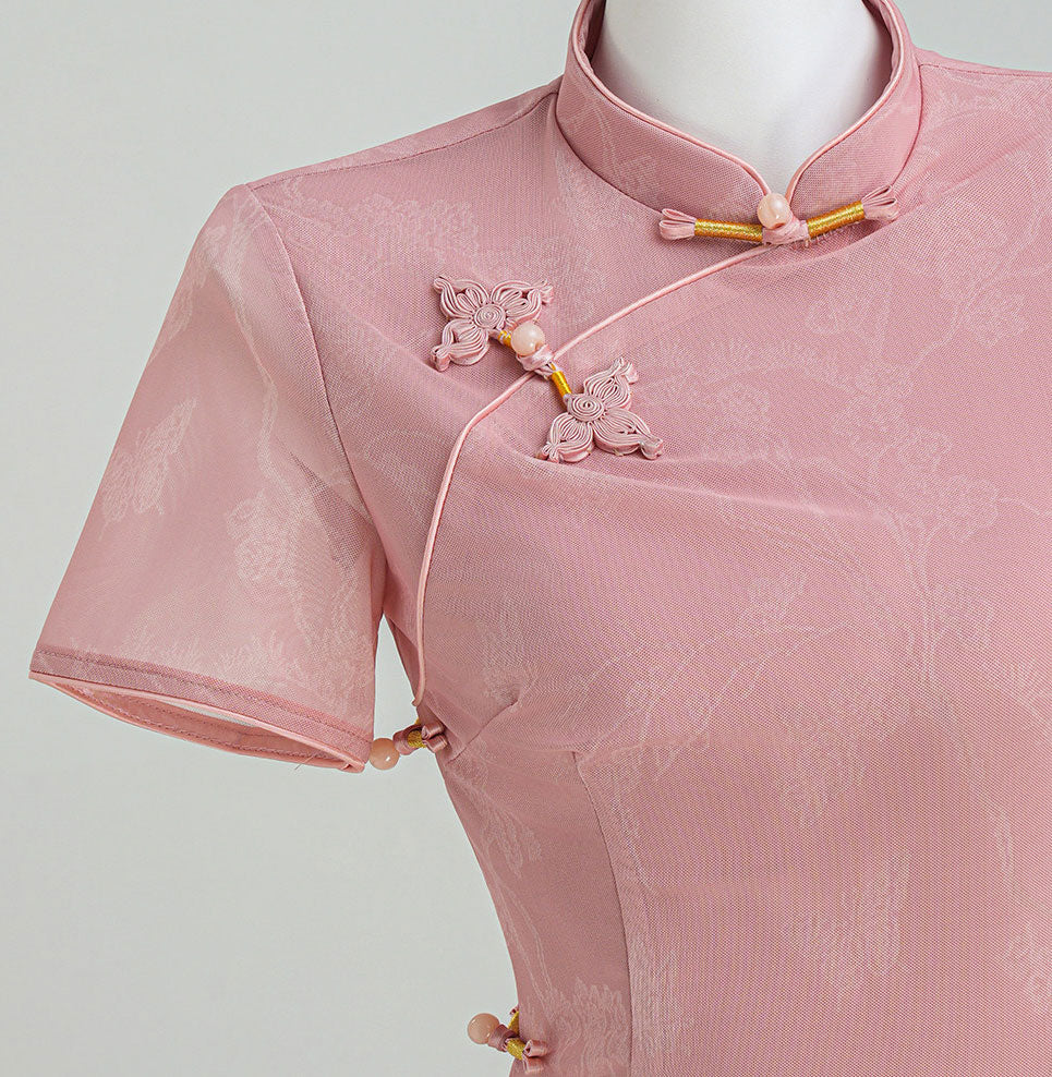 2023 Pink Jacquard Midi Qipao Cheongsam Dress
