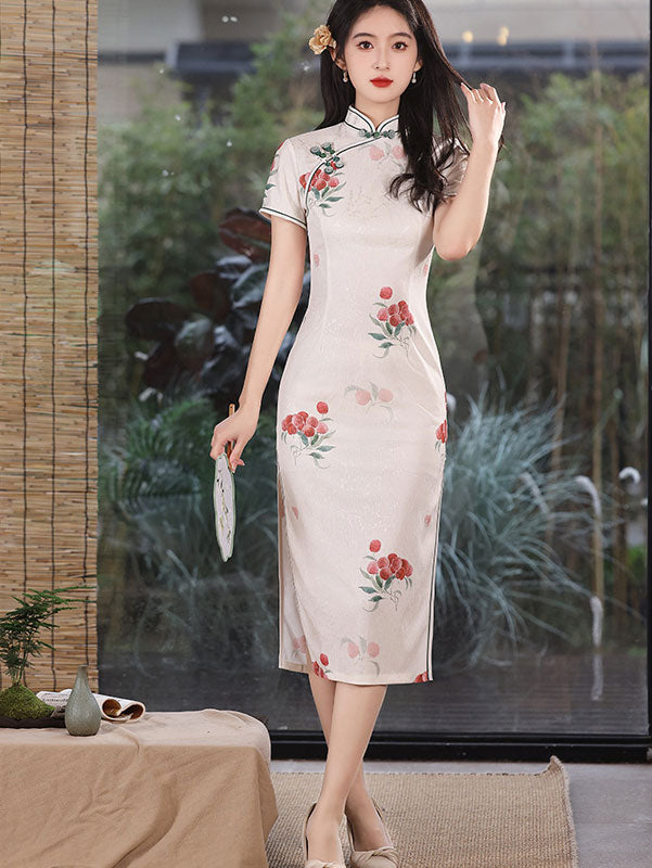 White Strawberry Print Midi Cheongsam Qipao Dress