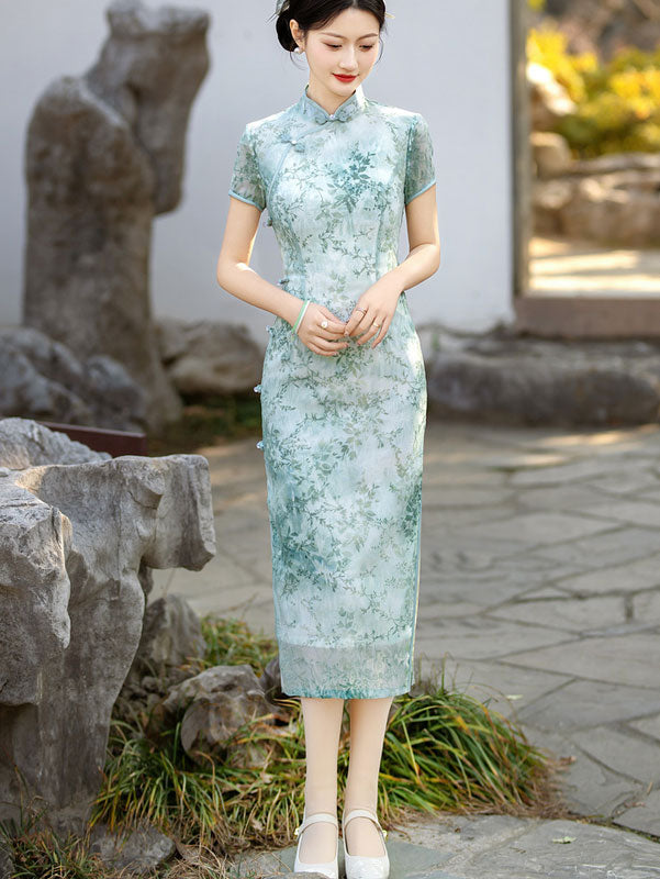 Green Yellow Floral Mulberry Silk Qipao Cheongsam Dress