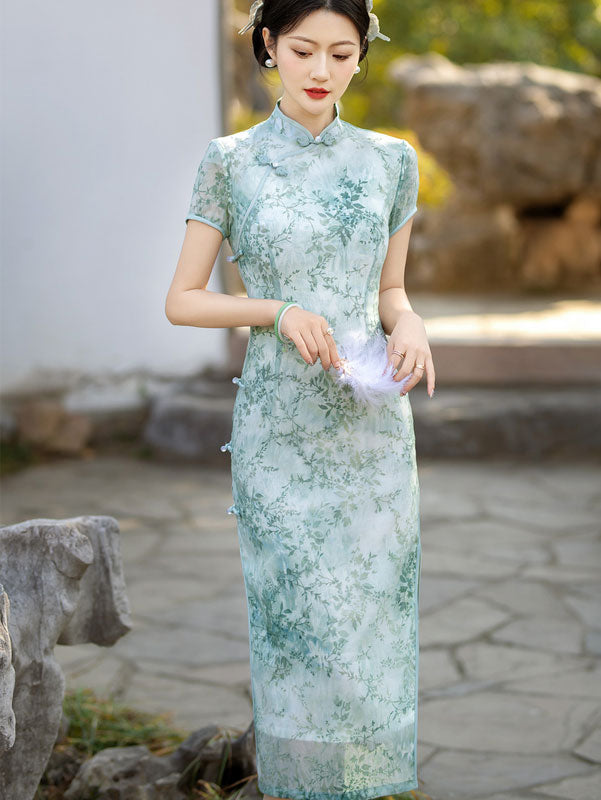Green Yellow Floral Mulberry Silk Qipao Cheongsam Dress