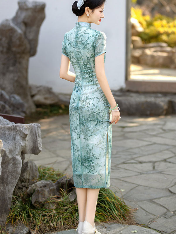 Green Yellow Floral Mulberry Silk Qipao Cheongsam Dress