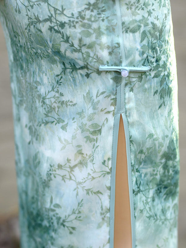 Green Yellow Floral Mulberry Silk Qipao Cheongsam Dress