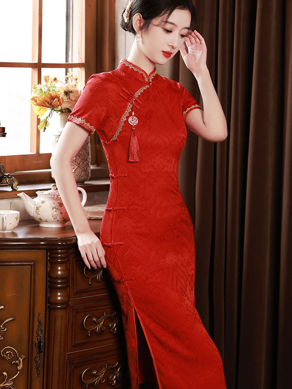 Red Vintage Jacquard Cheongsam Qipao Dress