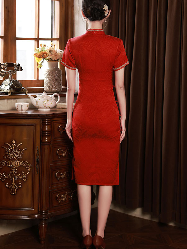Red Vintage Jacquard Cheongsam Qipao Dress
