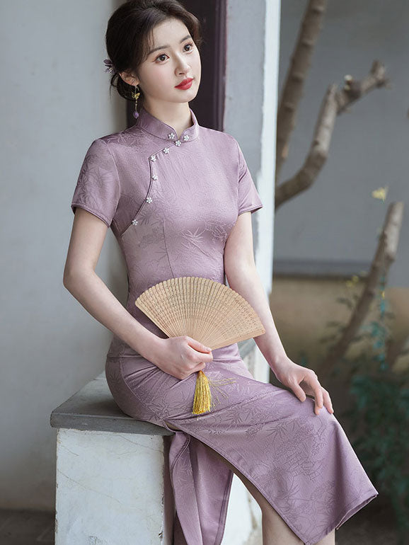 Purple Green Jacquard Midi Cheongsam Qipao Dress